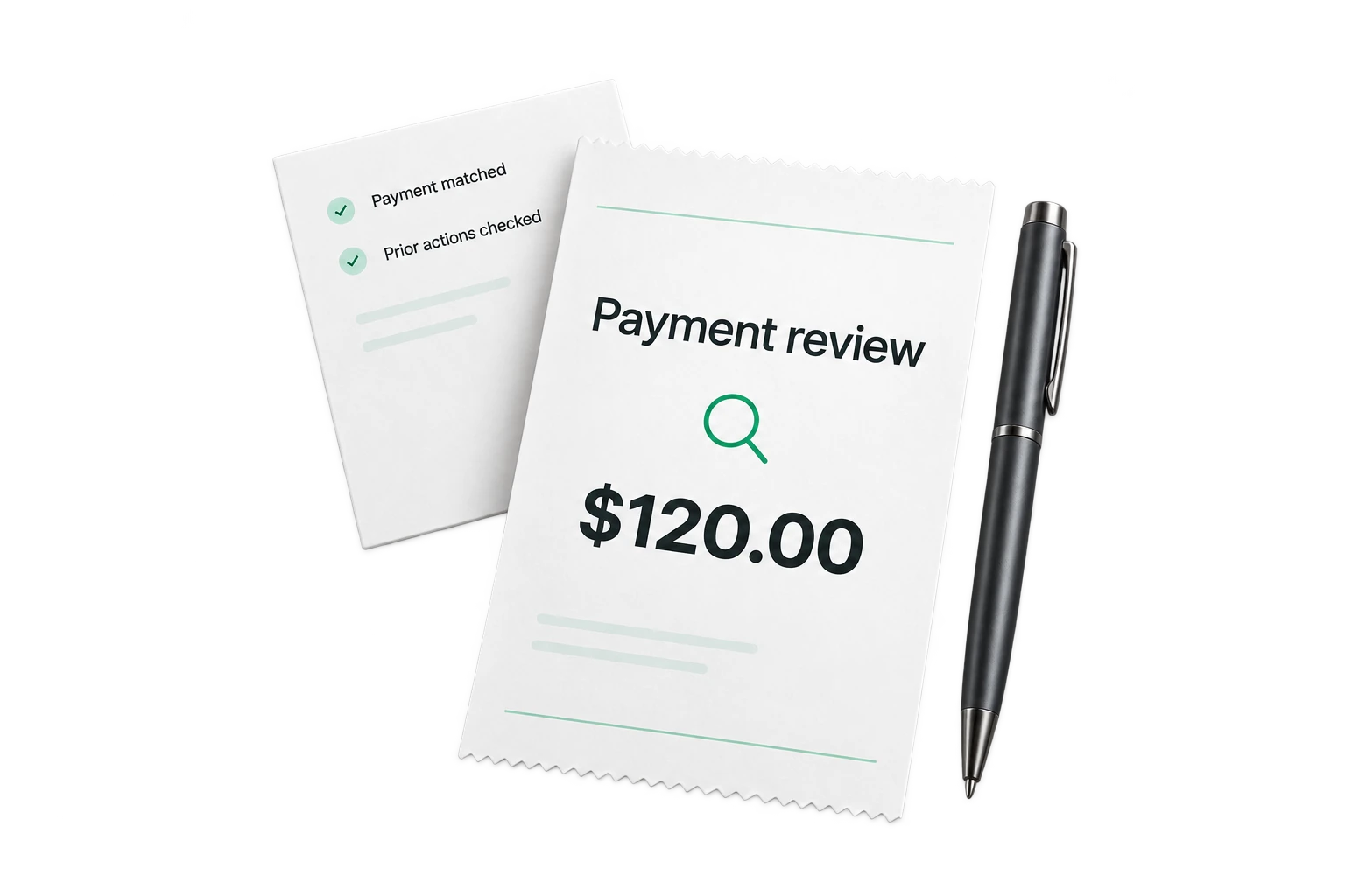 Payment review documents with a pen and checks for the matched payment and prior actions.