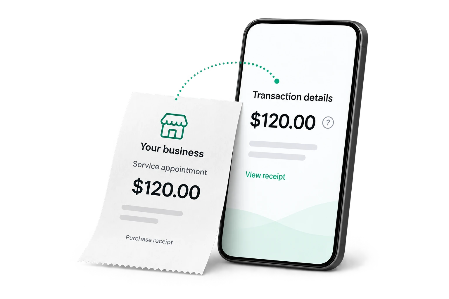 A bank transaction connected to a purchase receipt, linking a $120 charge with the business and service details that help explain it.