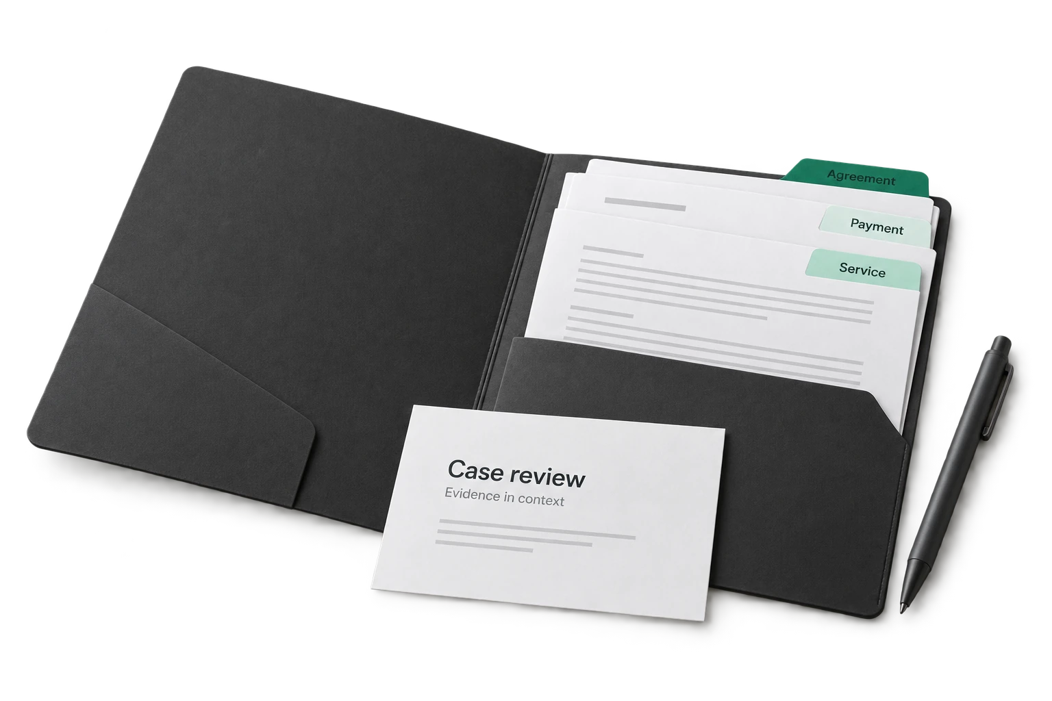 An organized case folio with agreement, payment and service records and a note for individual evidence review.