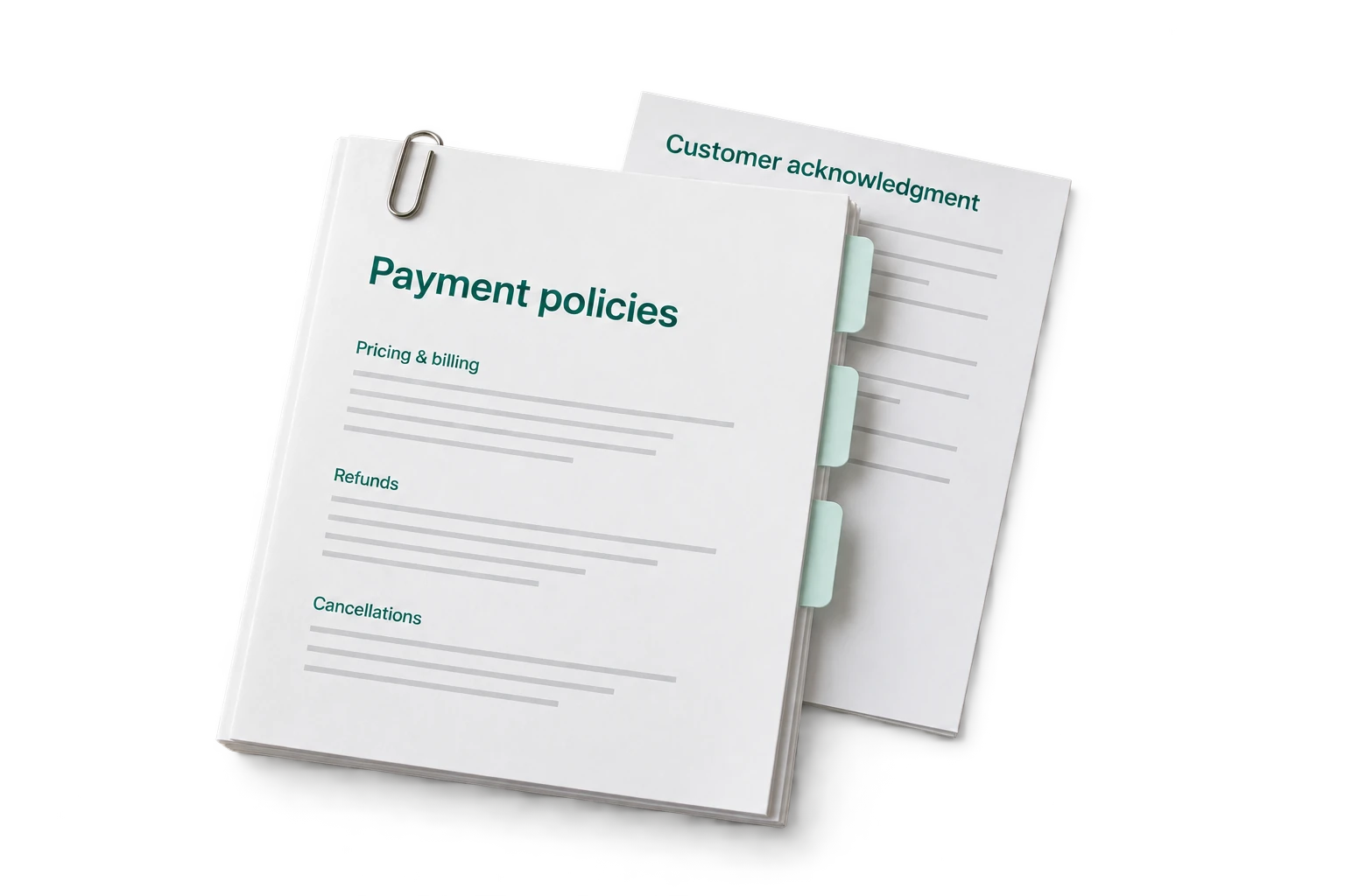Payment policy documents covering pricing, billing, refunds and cancellations alongside a customer acknowledgment sheet.