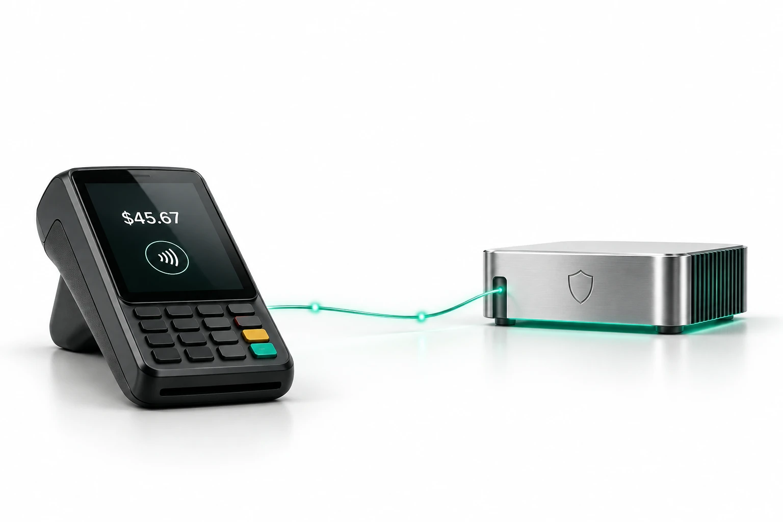 A payment terminal and a secure processing module connected by a protected data path.