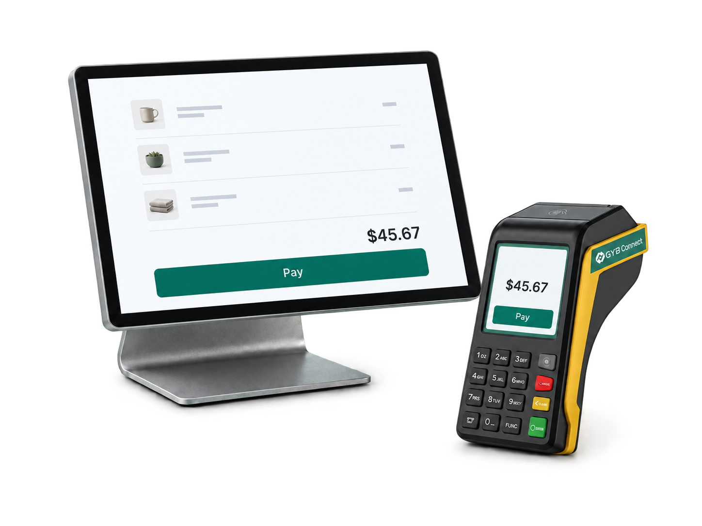 Point-of-sale monitor and GYB Connect payment terminal displaying $45.67.
